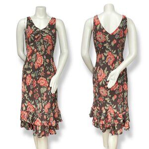 Jones New York Bias Cut Dress Silk Floral ALTERED V-Neck Women Flirty Brown Pink